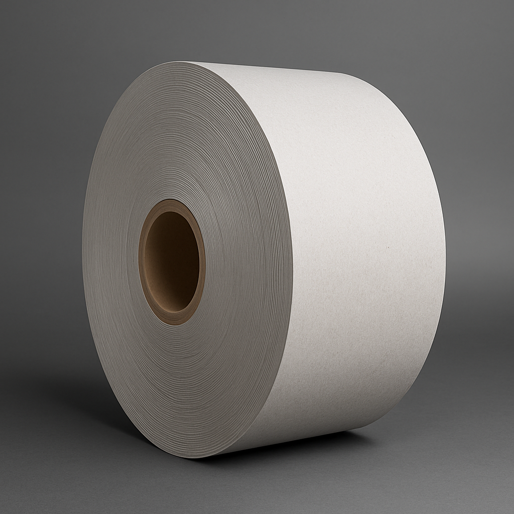 Rollo de cartón chipboard gris, ideal para divisores, particiones y slip sheets, disponible en calibres de 20 a 35 puntos.