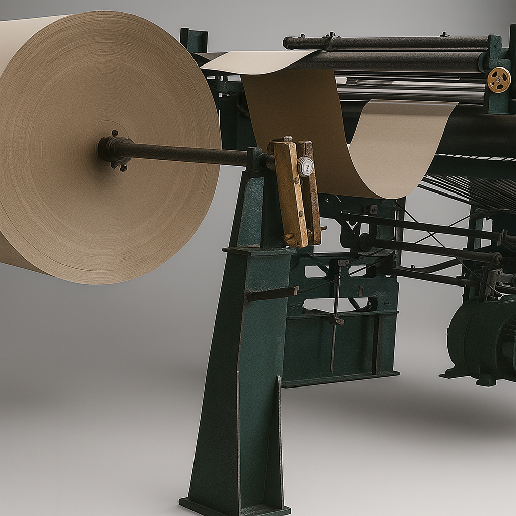 “Máquina industrial realizando hojeado profesional de papeles y cartones, proceso preciso para conversión y corte en la industria del papel.”