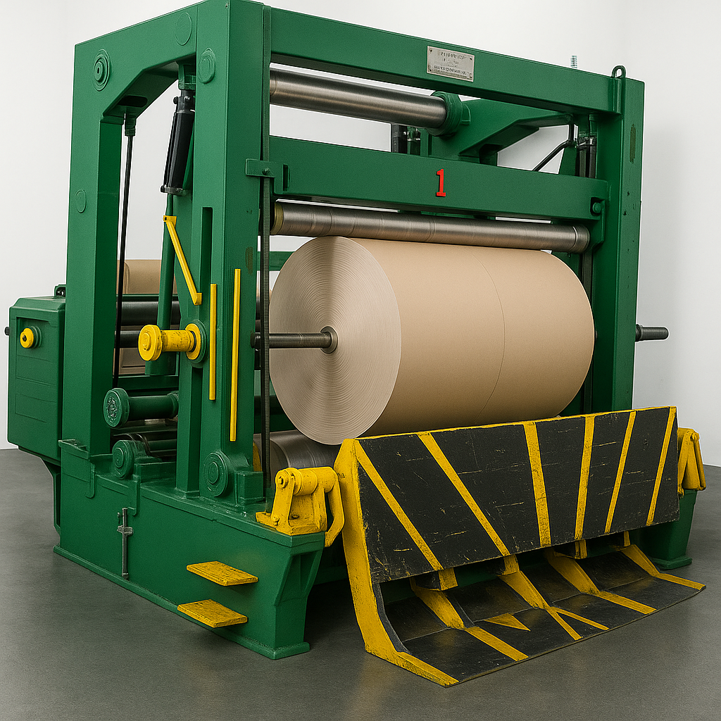 Reembobinadora industrial FEELCOM procesando bobina de papel kraft en planta de conversión.
