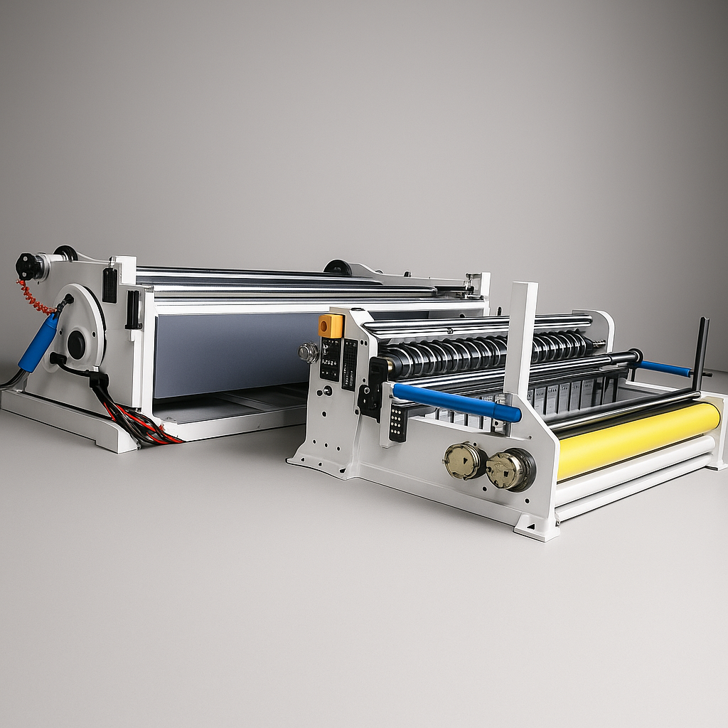 Máquina industrial de corte y reembobinado FEELCOM para papel y cartón, ideal para procesos industriales de conversión y manufactura.