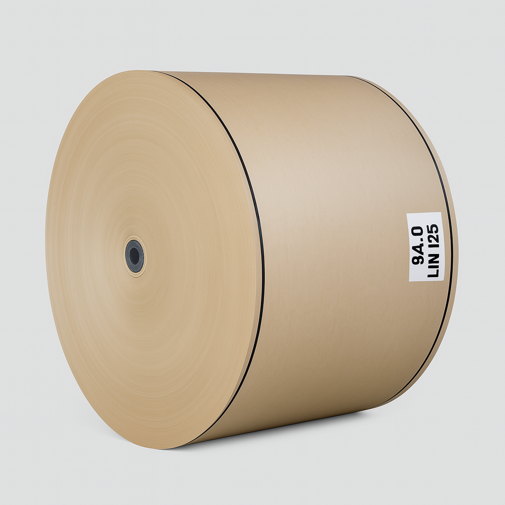Bobina de papel liner nacional FEELCOM de fibra reciclada, ideal para corrugado y empaque industrial