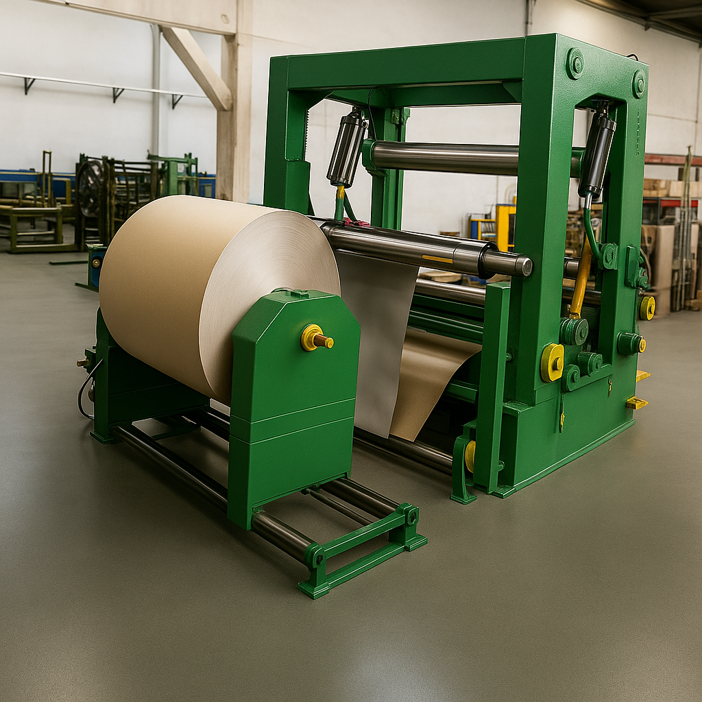 Reembobinadora industrial FEELCOM procesando bobina de papel kraft, máquina para corte y enrollado en planta de conversión de papel, maquinaria pesada para producción papelera.