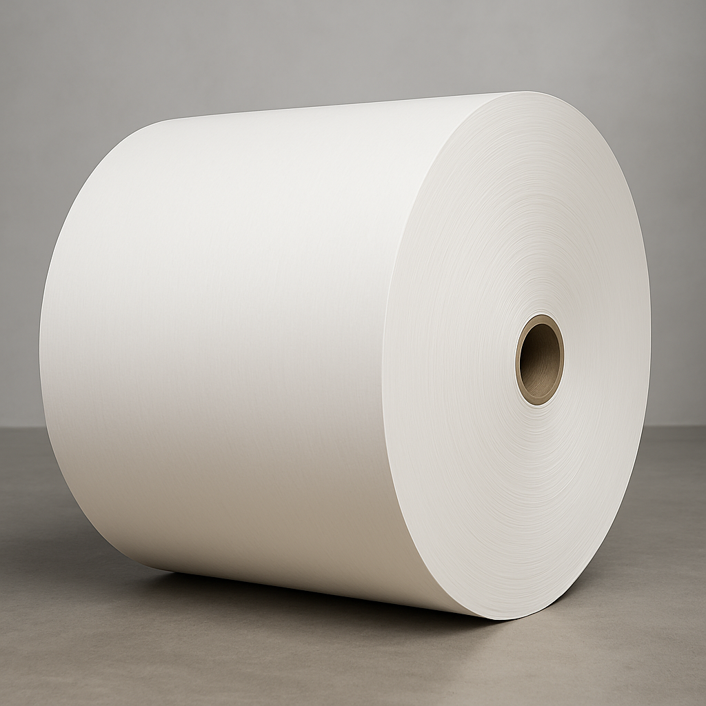 Bobina de White Top Liner o liner cara blanca, papel resistente para fabricación de cajas corrugadas.