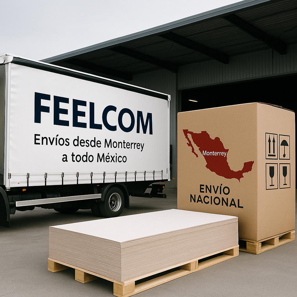 Camión de FEELCOM realizando envíos nacionales de papel y cartón desde Monterrey, con pallets y cajas listos para distribución en México.