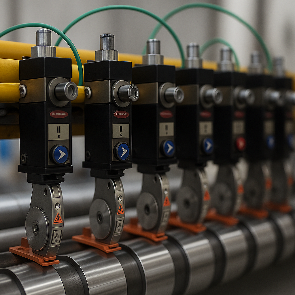 Cuchillas rotativas para corte longitudinal en reembobinadora de papel industrial, montadas sobre rodillos metálicos con soporte ajustable. Imagen técnica de Feelcom.