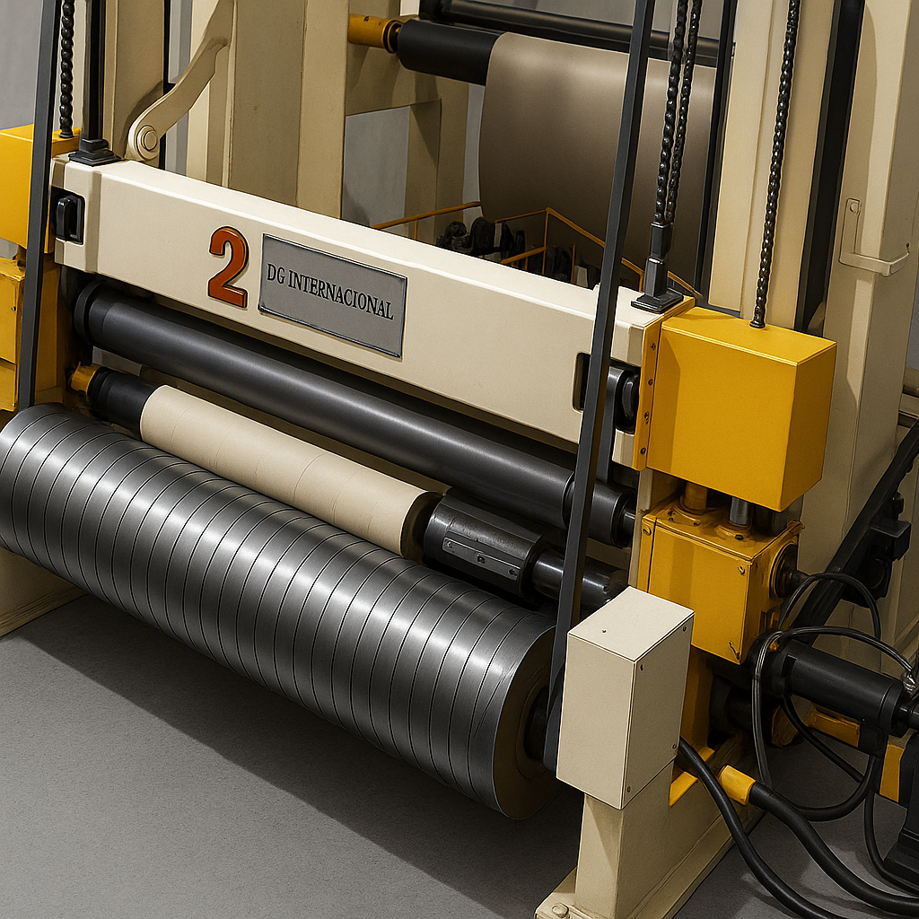 Reembobinadora de papel industrial DG Internacional, modelo 2, diseñada para corte y rebobinado de rollos con precisión. Imagen cortesía de Feelcom.