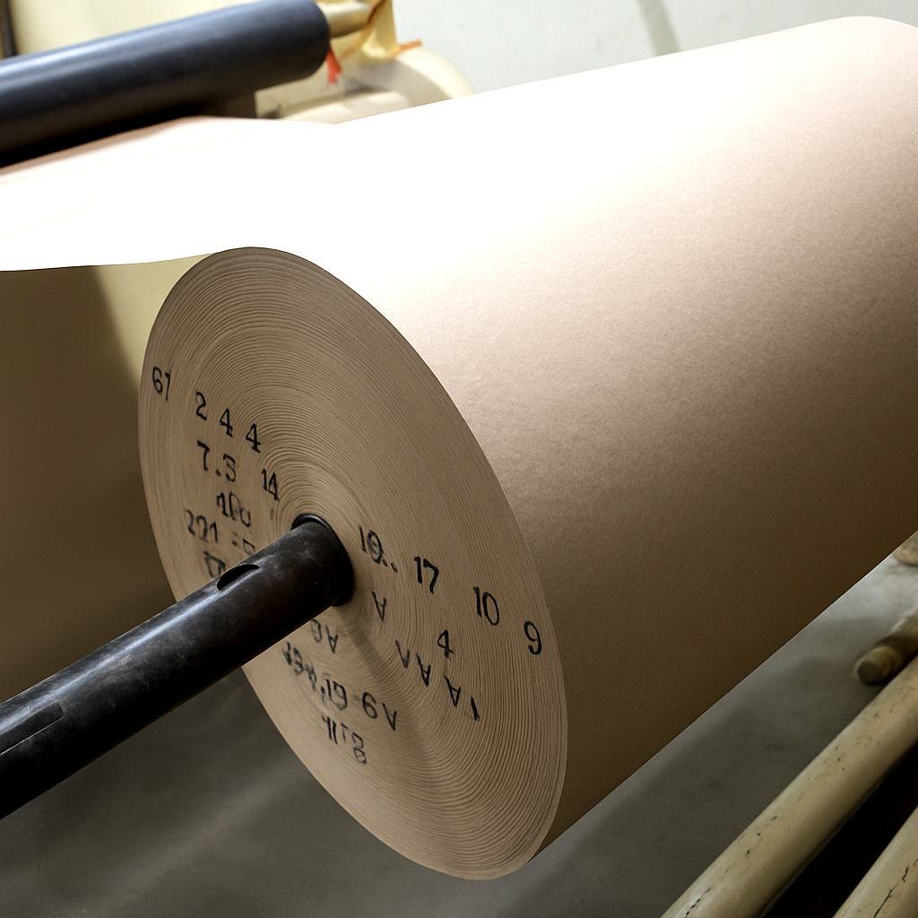 Bobina de papel kraft montada en una rebobinadora industrial.