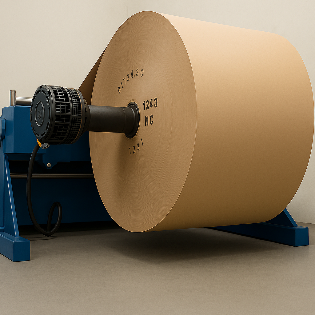 Rollo de papel kraft industrial en máquina desenrolladora para procesos de conversión y embalaje.