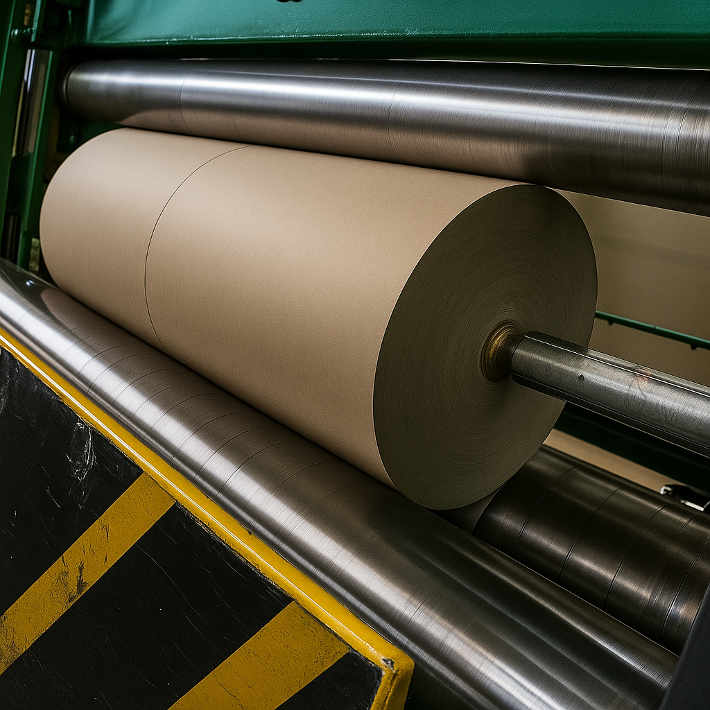 Reembobinadora industrial procesando una bobina de papel kraft entre rodillos metálicos, en operación dentro de una planta de conversión de papel.